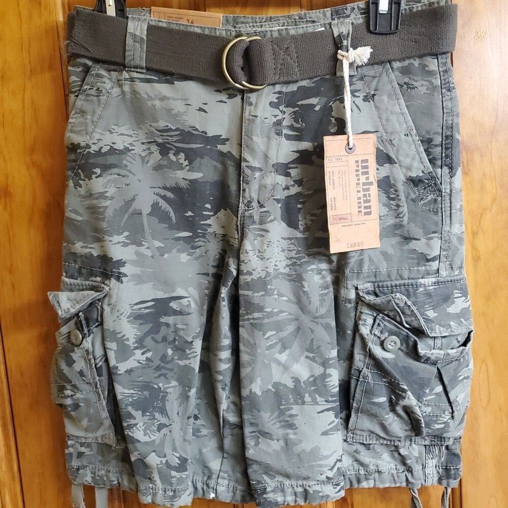 New Urban Pipeline 14 Cargo Shorts Kids Grey Green Camo Belted Tropical Utility